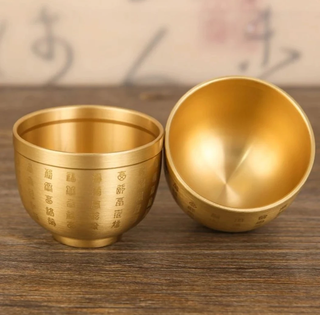 家用纯黄铜小百福杯茶杯酒杯复古怀旧雕刻水杯主客厅黄铜工艺品