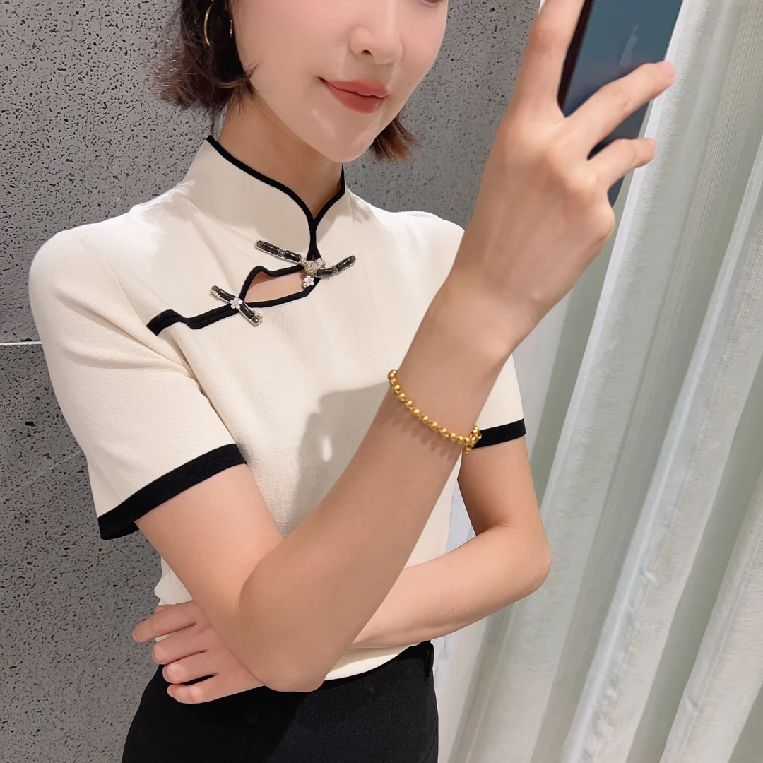 CBD木兰，M1585新中式短袖米白色针织衫  衣长57 款号QS92008