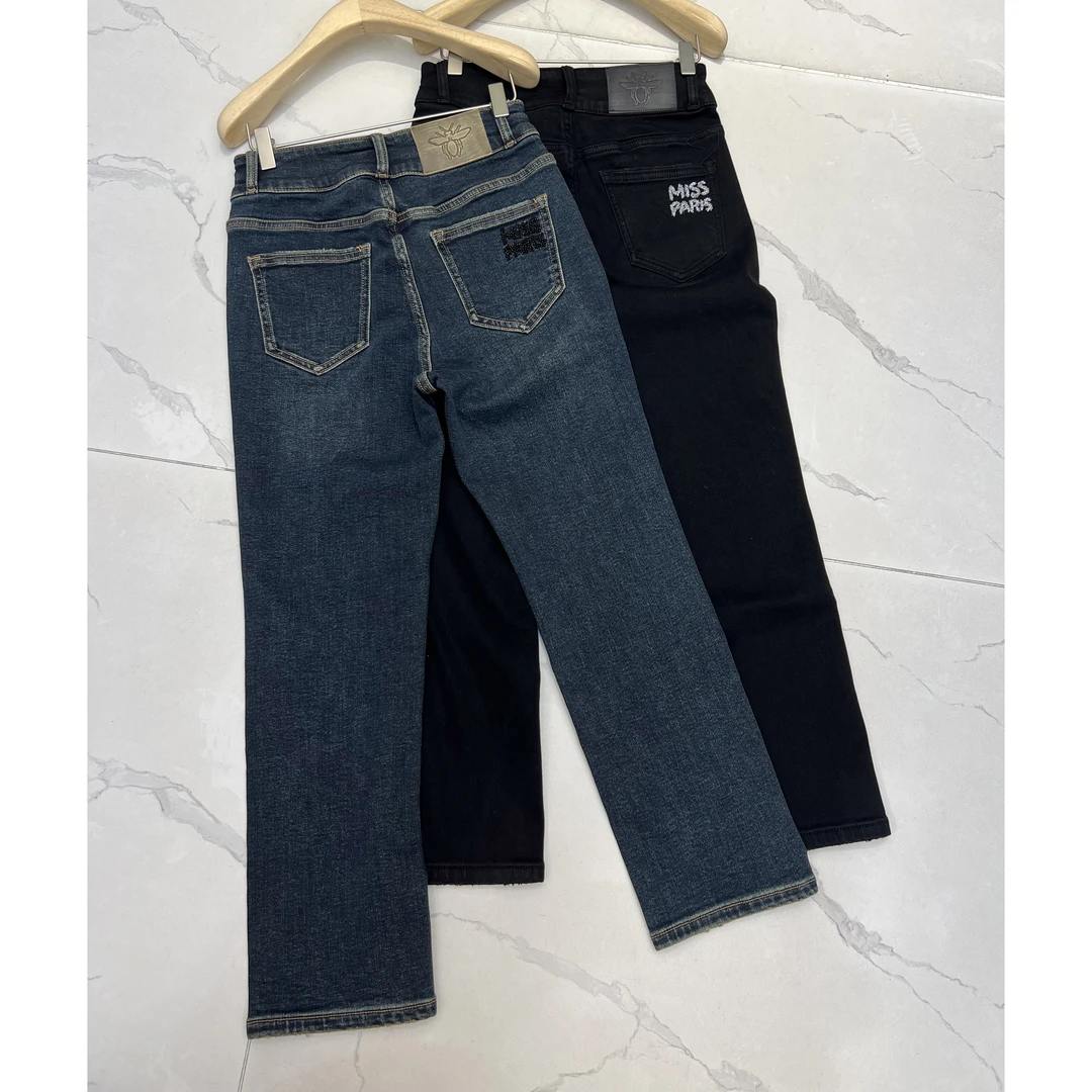 加绒小直筒！裤长90 钉珠英文巴黎牛仔裤 蓝黑双色 款号VE306