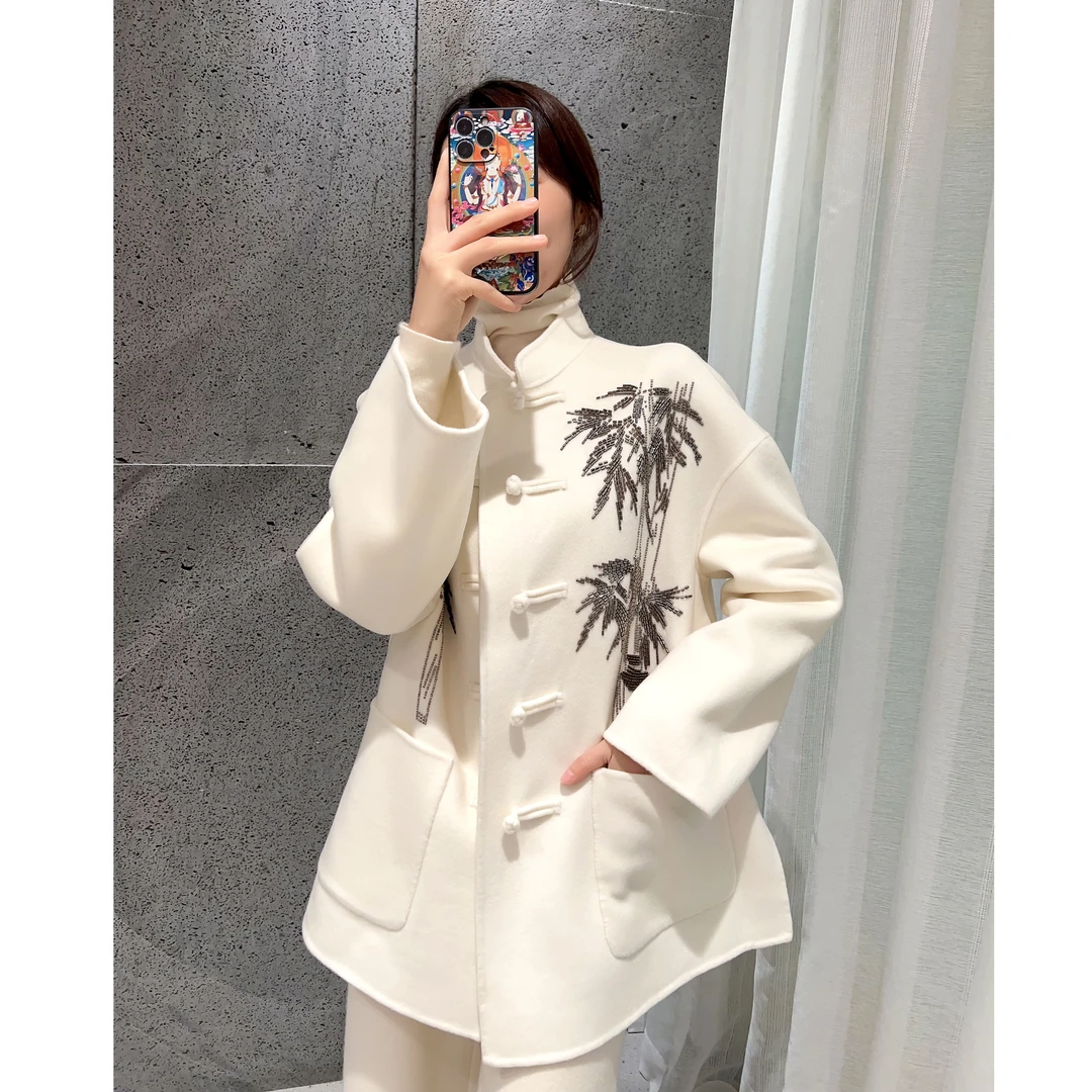 M2280新中式国风亮片竹子刺绣双面呢外套衣长72 款号LL031