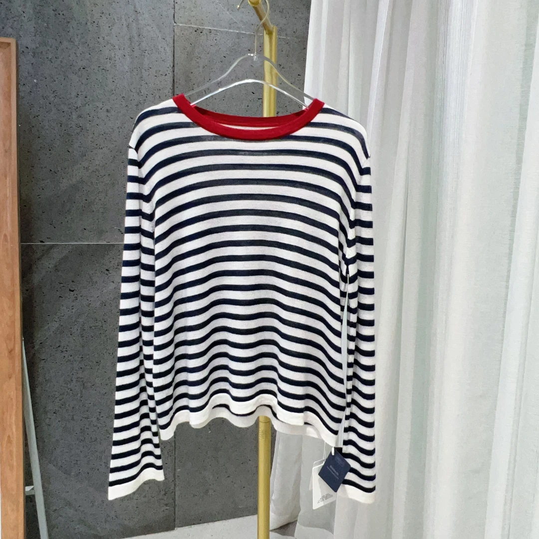 M1259百搭条纹圆领双色针织衫 衣长54 款号CF23107