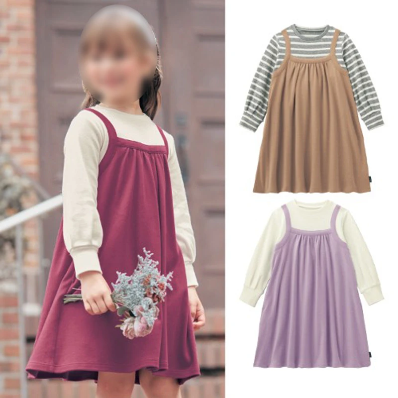 出口外贸原单春秋女童宝宝棉质 假两件拼接蝴蝶结装饰 长裙连衣裙