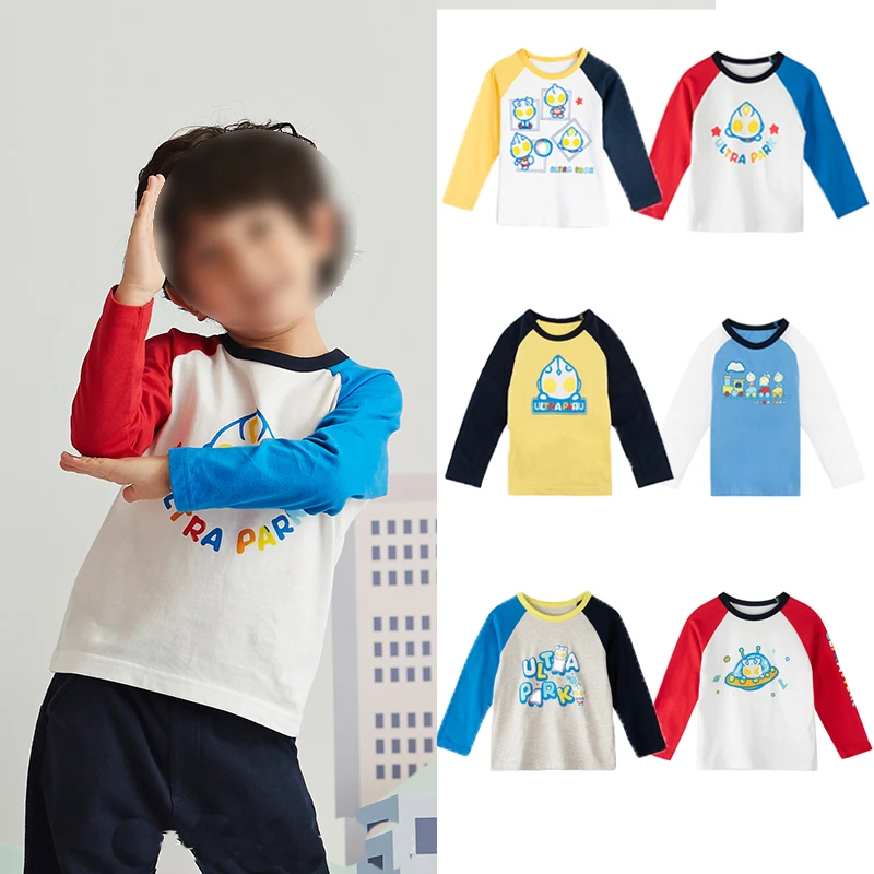 日本千趣家春夏儿童长袖拼色插肩袖 奥特曼可爱图案圆领男女童T恤