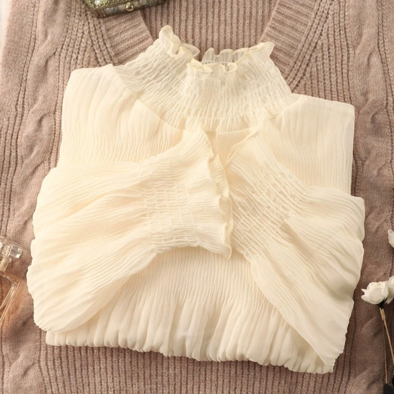 花边蕾丝打底衫女秋冬季2024新款内搭衬衫木耳边白色高领网纱上衣