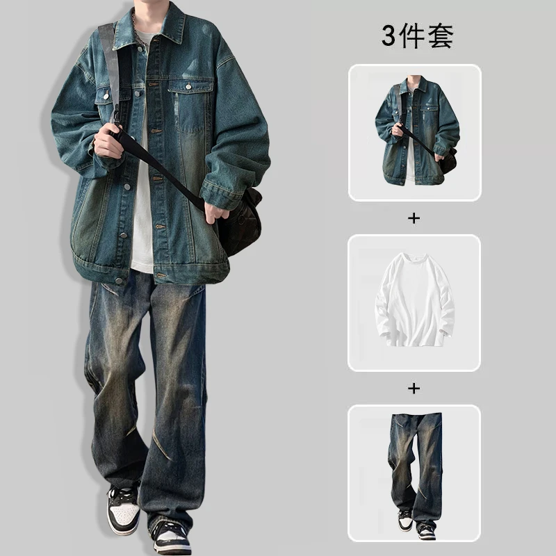美式复古做旧牛仔外套男秋高级感多口袋大码工装夹克潮牌宽松上衣