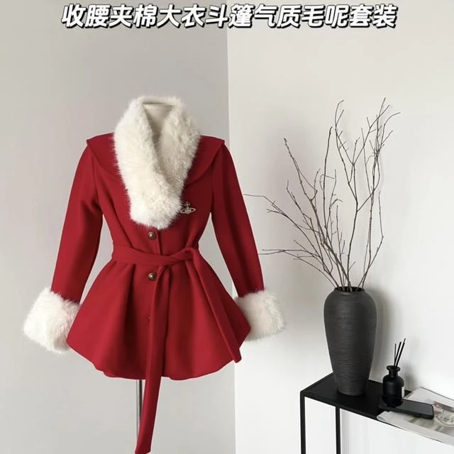 2024秋冬季娇娇倾国韩绒千金收腰夹棉大衣重工斗篷气质毛呢外套女