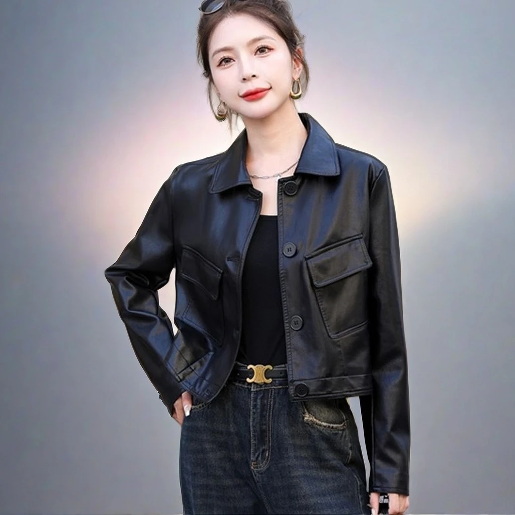 时尚百搭宽松2024年新款黑色小皮衣外套女显瘦秋季短款洋气时髦
