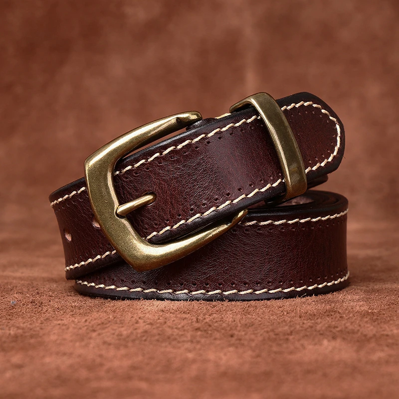 时尚潮流复古百搭头层牛皮皮带男款真皮针扣青年休闲牛仔裤腰带男