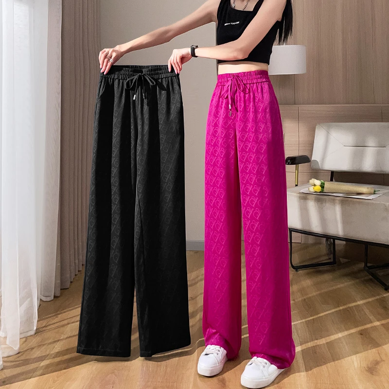 火龙果色阔腿裤女夏季薄款2025新款高腰垂感冰丝裤休闲运动女裤子