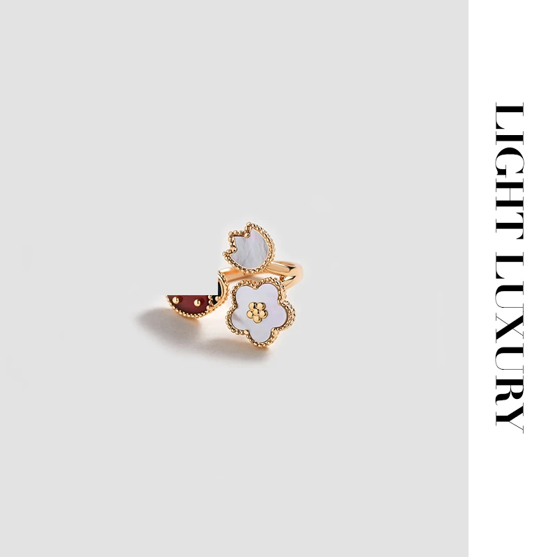 铜合金仿珍珠戒指 0594374梵家瓢虫花儿戒指开口个性女设计感高级