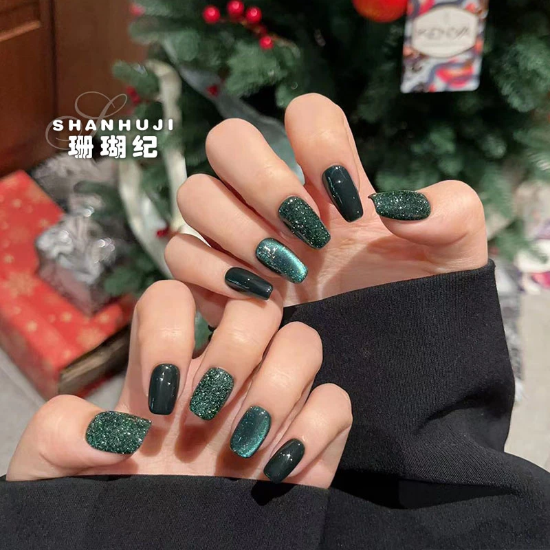 【酱绿】珊瑚纪秋冬显白流行美甲气质简约温柔跳色猫眼纯手工穿戴甲