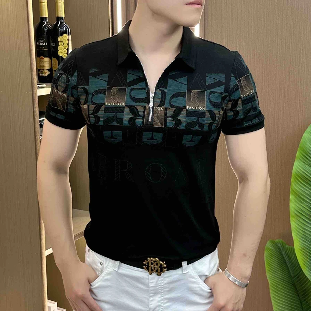 高档轻奢翻领POLO衫短袖男士夏季时尚外穿修身百搭潮流半拉链体恤