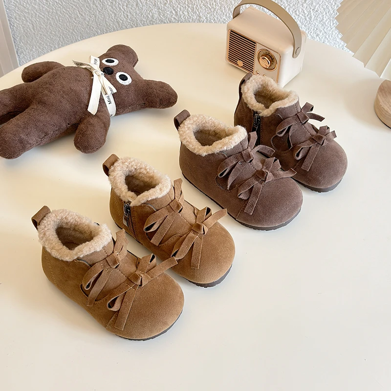 2024冬季新款儿童加绒皮鞋中小童软底蝴蝶结宝宝鞋女童保暖勃肯鞋