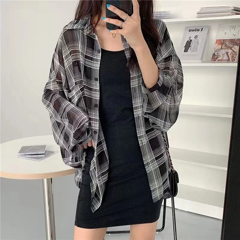 【卢大婷专属】韩系长袖格子衬衣休闲宽松外搭防晒衬衫上衣女女款