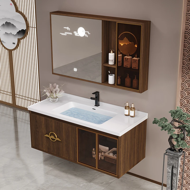 卫生间新中式岩板无缝陶瓷一体盆浴室柜组合镜柜洗手脸盆柜洗漱台