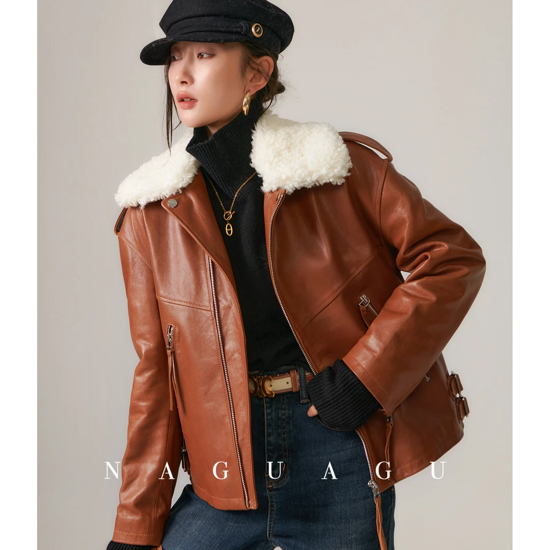 【江原道机车皮衣】 摔纹肌理保暖毛领夹棉外套