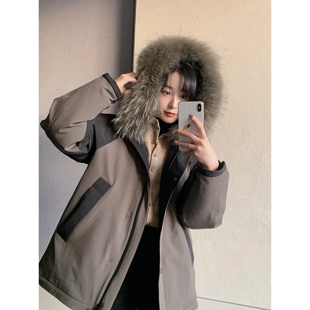 NAGUAGU/南瓜谷羽绒白鸭绒大子毛领撞色羽绒服潮流休闲女 Y0227