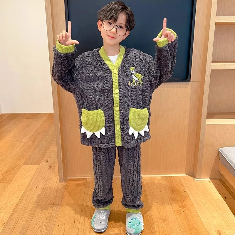 冬款儿童睡衣男童秋冬季珊瑚绒加厚套装2024新款男孩法兰绒家居服