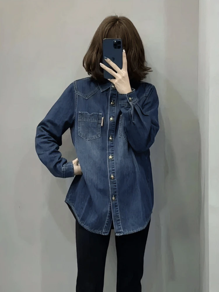 2023欧货秋冬新款显瘦牛仔长袖衬衫休闲内搭加绒加厚百搭牛仔衬衫