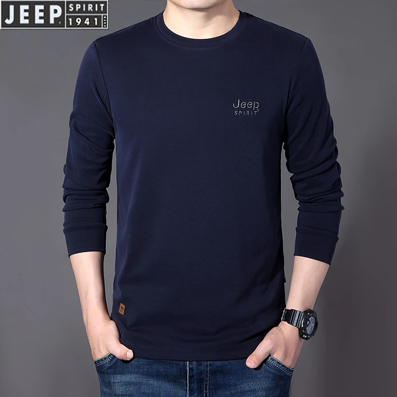JEEP SPIRIT男秋冬季圆领潮流2023新款长袖T恤打底衫纯色上衣