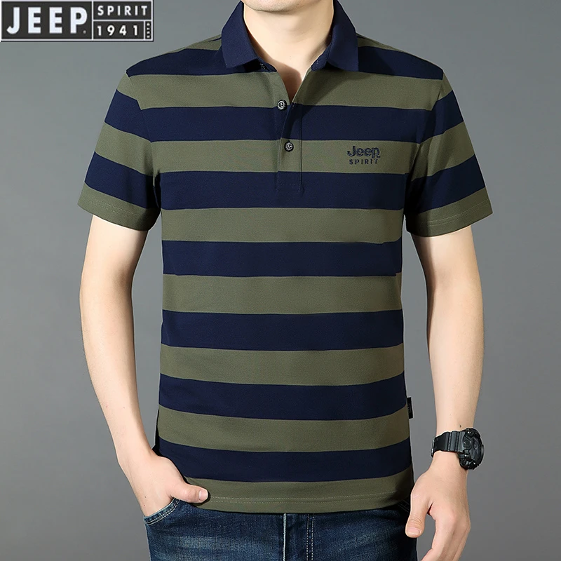 JEEP SPIRIT男士短袖T恤条纹大码翻领男半袖体恤POLO衫休闲百搭