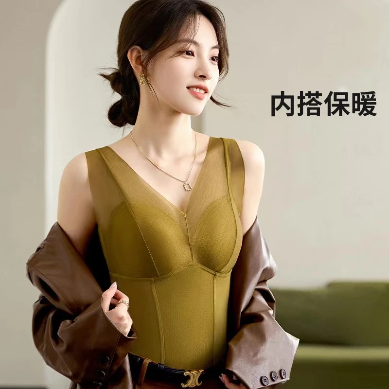 网纱拼接性感V领修身内搭保暖背心女免穿文胸固定杯保暖上衣外穿