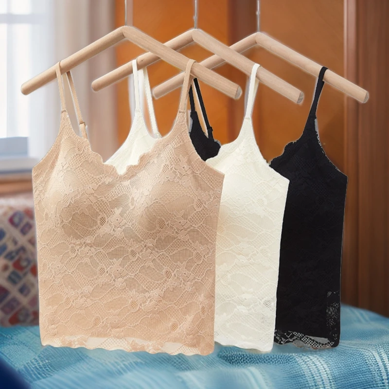 春夏季新款蕾丝吊带女带胸垫一体式透气美背内搭外穿性感无痕背心