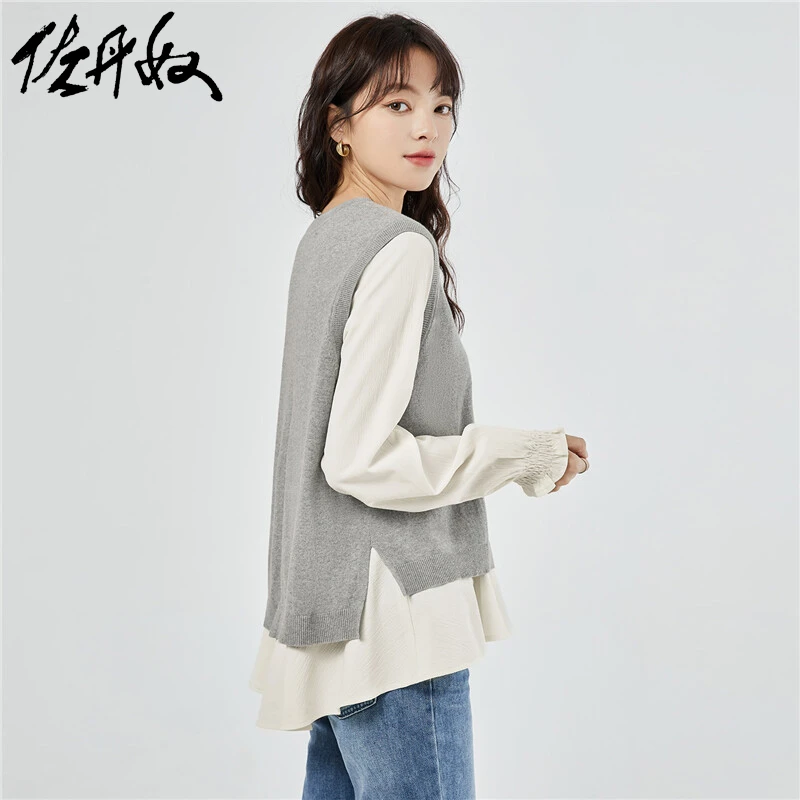 佐丹奴针织衫女装复古通勤两件套荷叶边圆领长袖衬衫13353775