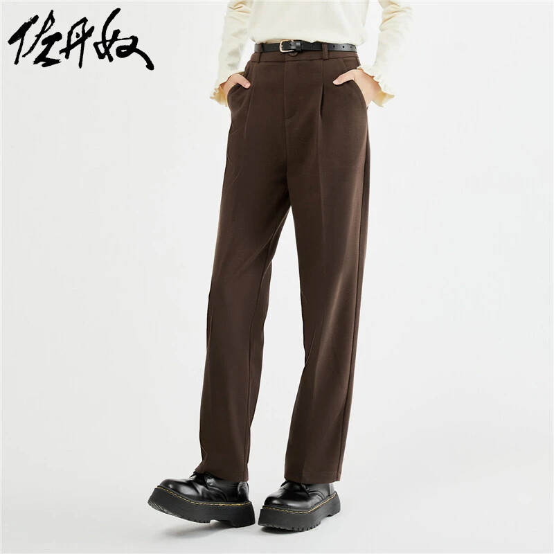 佐丹奴裤子女装冬款磨毛针织打褶配腰带高腰休闲长裤 18413014