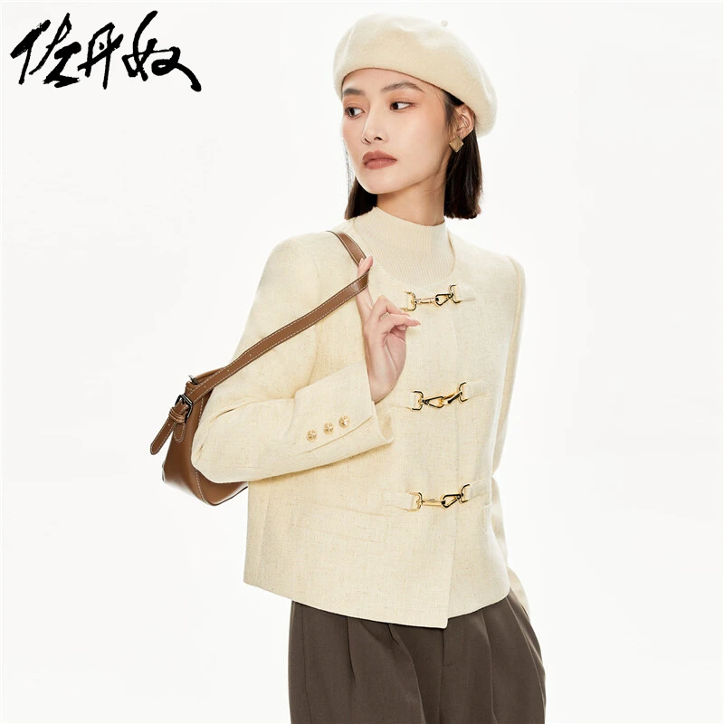 佐丹奴外套女装小香风梭织金属扣短款圆领外套 18373911