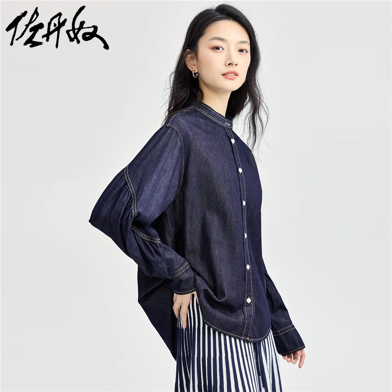 佐丹奴衬衫女装天丝牛仔明线小立领打褶长袖衬衫 18344620