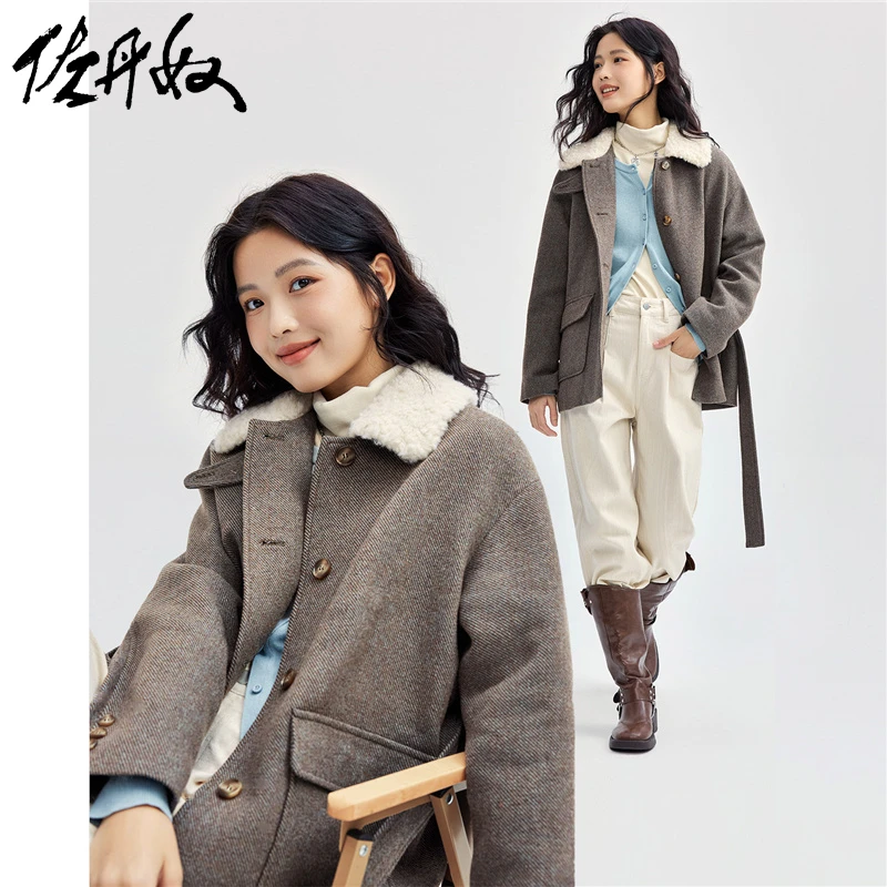 佐丹奴外套女装冬季双色粗花呢毛领绑带保暖夹棉棉衣外套18374613