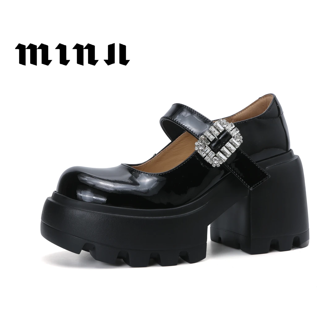 知足敏儿原创正版2024春真皮厚底玛丽珍甜酷粗跟钻扣女鞋608-56