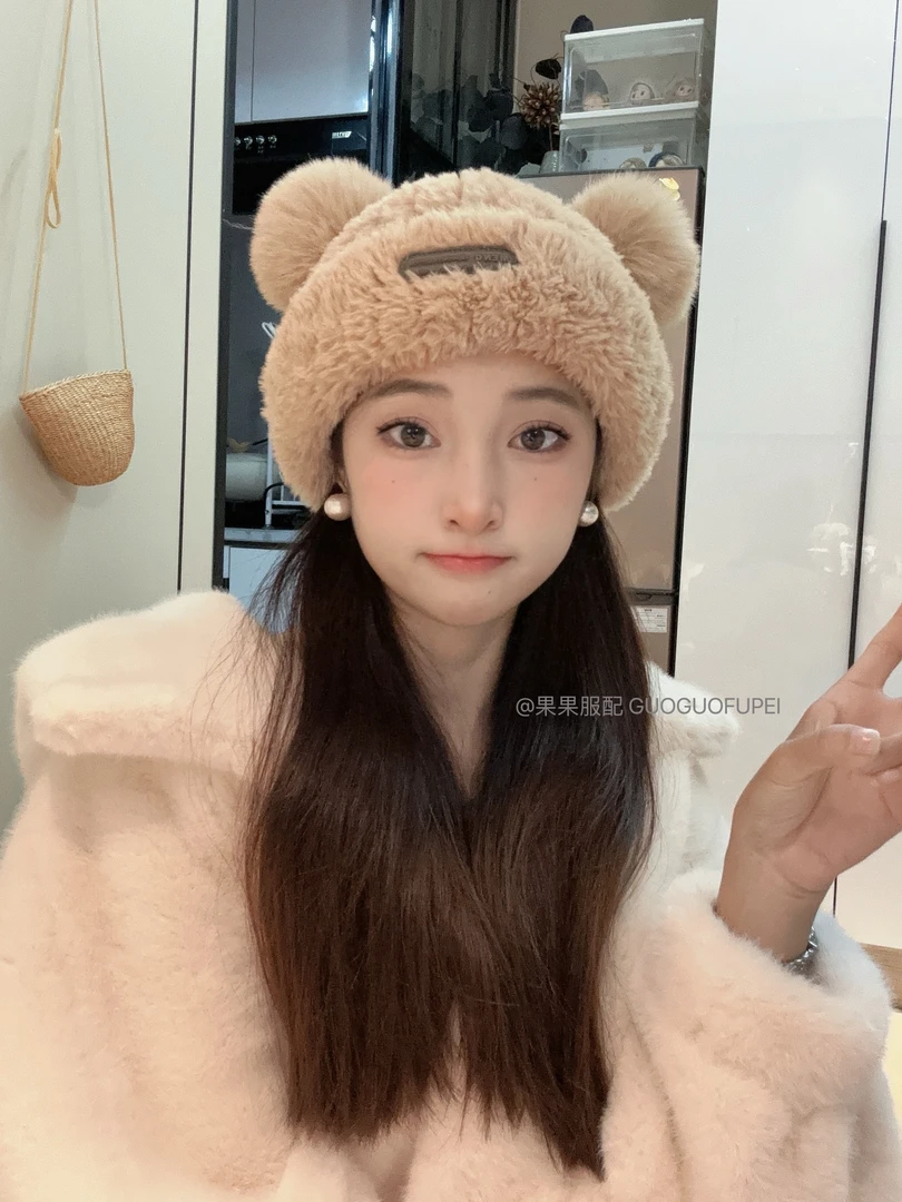 ins新款冬天小熊毛线帽子秋冬护耳帽韩版加厚百搭网红舒适可骑车