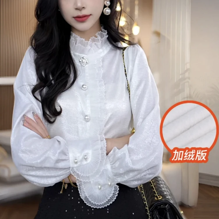加绒加厚珍珠缎面法式衬衫2024秋冬长袖气质上衣奢华洋气小衫9507