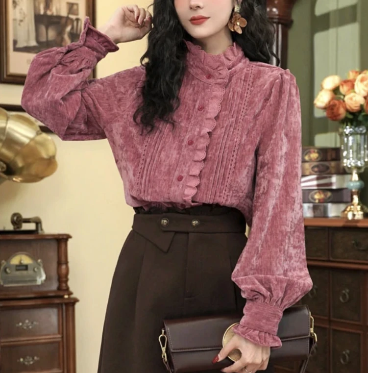 【自在从绒】显瘦气质长袖时尚复古秋冬衬衫9501