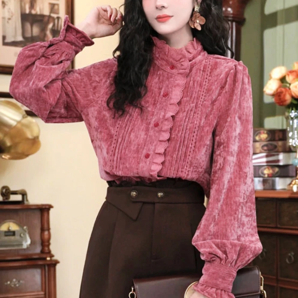 【自在从绒】显瘦气质长袖时尚复古秋冬衬衫9501