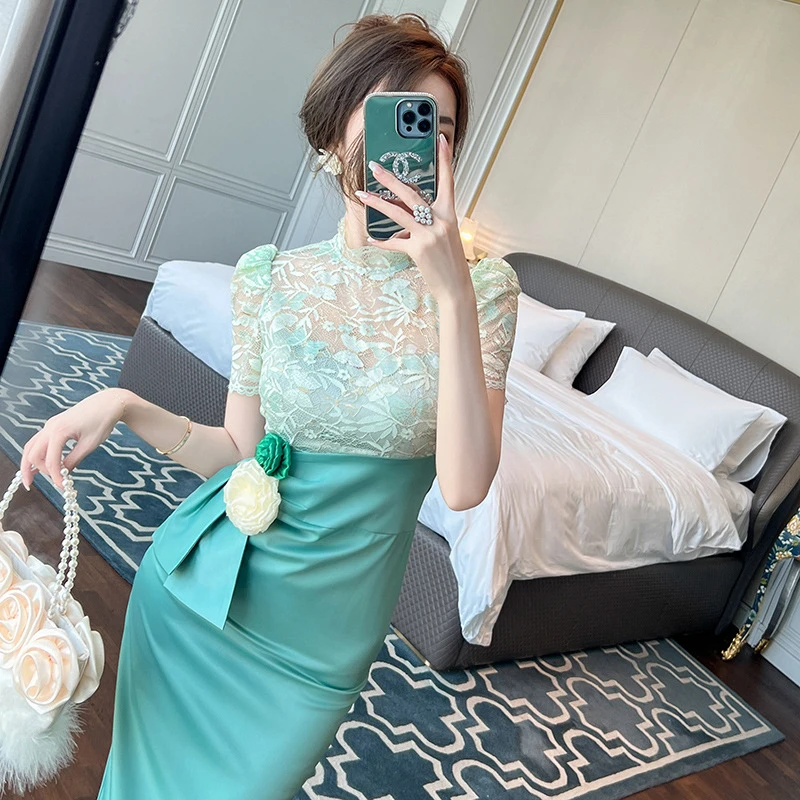 主持人宴会礼服裙2024夏季新款设计感蕾丝拼接高腰连衣裙女 20502