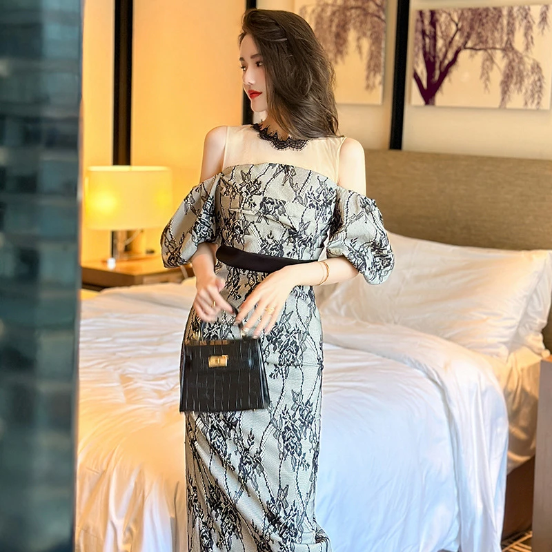 黑色长款礼服裙夏季新款女装法式一字领修身蕾丝连衣裙 50349