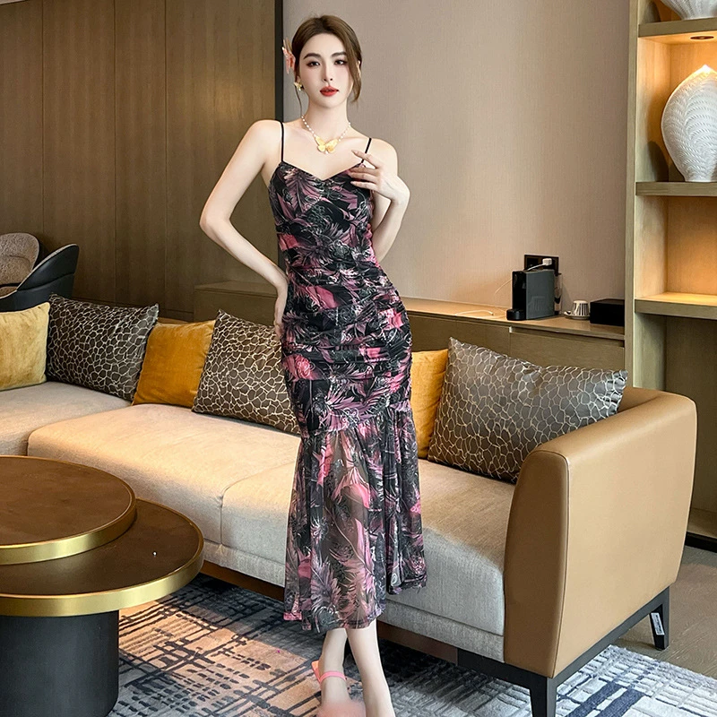 夏季新款女装复古碎花收腰长款鱼尾连衣裙修身吊带长裙 21228