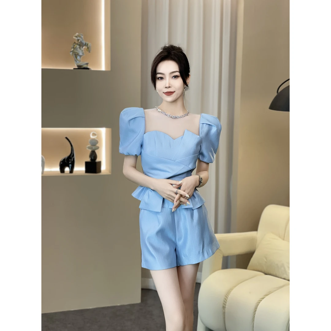 【清爽蓝】夏季新款设计师两件套洋气短款显瘦女神法式女套装308934