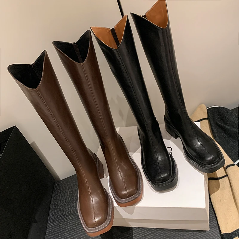 【诗博尼】【5.5CM】牛皮/单里/绒里34-40大小筒方头百搭气质时尚靴女