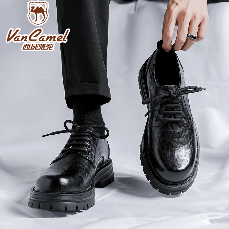 VANCAMEL/西域骆驼皮鞋男秋冬商务正装大头港风内增高英伦风结婚