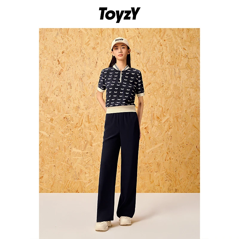ToyzY夏新款老钱运动风简约丝滑真丝阔腿长裤ZC34220670