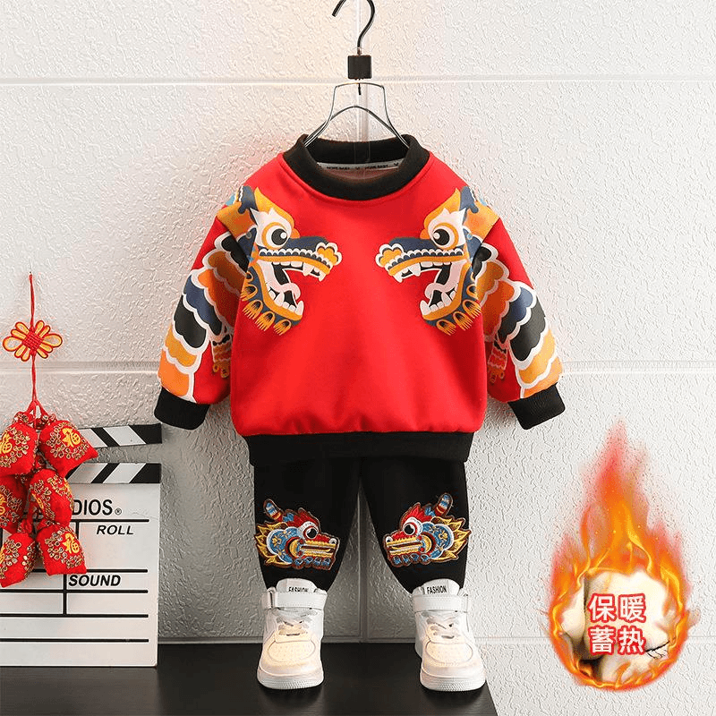 24龙年红色加绒套装男童汉服宝宝拜年服儿童中国风元旦表演服喜庆