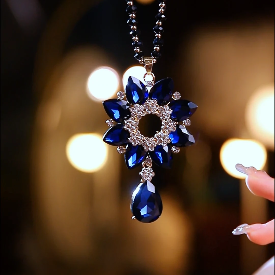 铜合金仿水晶项链 M0551五金女孩【蓝色水镜花】流苏毛衣链百搭时尚