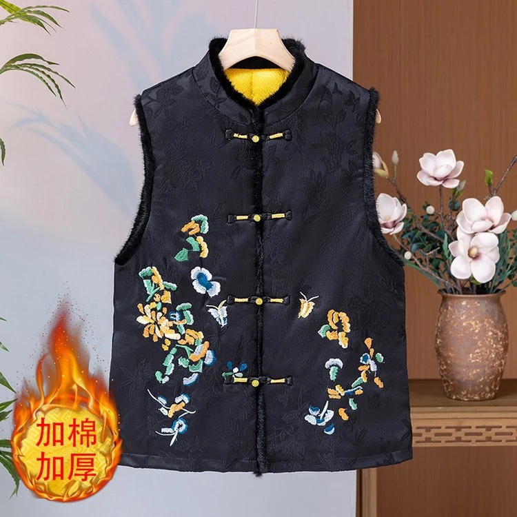 秋冬新中式国风盘扣马甲女复古刺绣加棉加厚保暖坎肩妈妈加厚棉衣