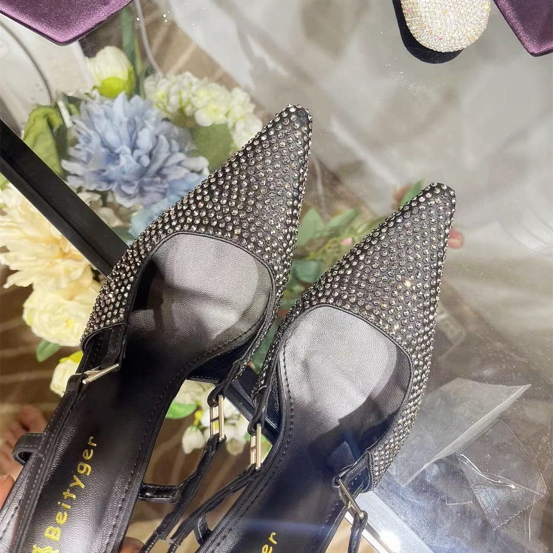 欧美水钻包头高跟鞋女细跟浅口后绊带御姐凉鞋纯色2024新款配裙子