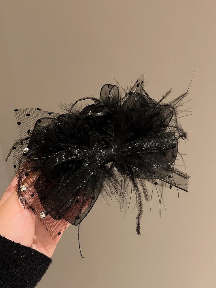 黑色羽毛抓夹女公主后脑勺蝴蝶结头饰发夹夹子高级感鲨鱼夹发饰