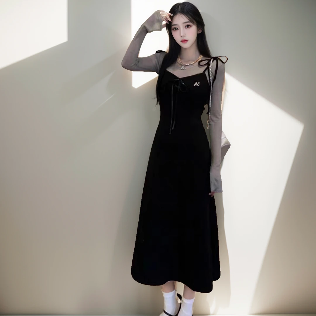 【羽光白雀】特鲁家长款法式绑带针织两件连衣裙 长款6802